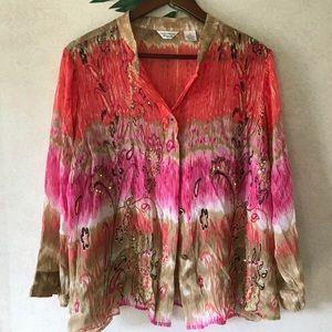 Vintage Laura Ashley 100% Silk Multicolored Sheer Tunic Button Front Blouse